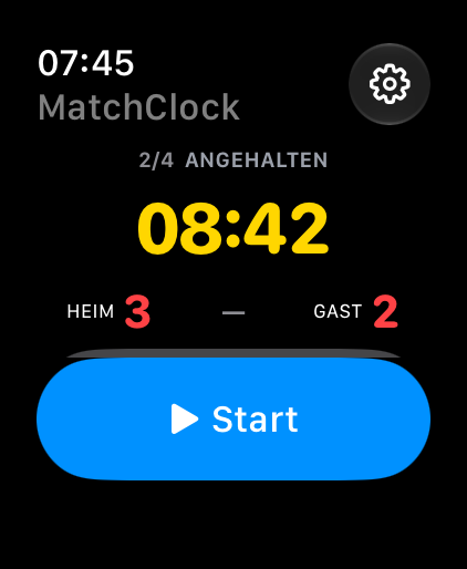 Deutsche Apple-Watch-Ultra-Fernbedienung: Abschnitt 2 von 4, angehalten bei 08:42, Spielstand 3–2 und Starttaste.