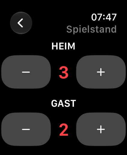Deutscher Watch-Bildschirm zum Ändern der Tore für Heim- und Gastteam mit Plus und Minus.