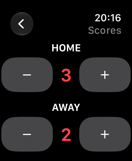English Watch screen for adjusting home and away goals with plus and minus buttons.