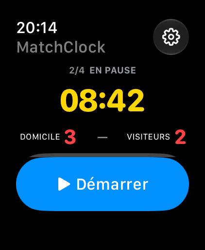 Télécommande Apple Watch Ultra en français : période 2 sur 4, pause à 08:42, score 3–2 et bouton Démarrer.