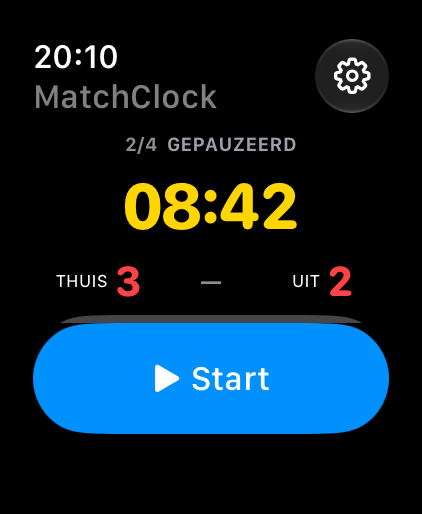 Nederlandstalige Apple Watch Ultra-afstandsbediening: periode 2 van 4, gepauzeerd op 08:42, score 3–2 en Start-knop.