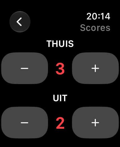 Nederlandstalig Watch-scherm om de thuis- en uitscore met plus en min aan te passen.